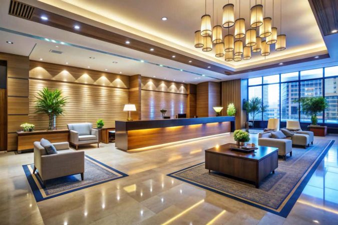 Modern and spacious lobby of the hotel lyf East Frankfurt featuring a wooden reception desk and contemporary lighting