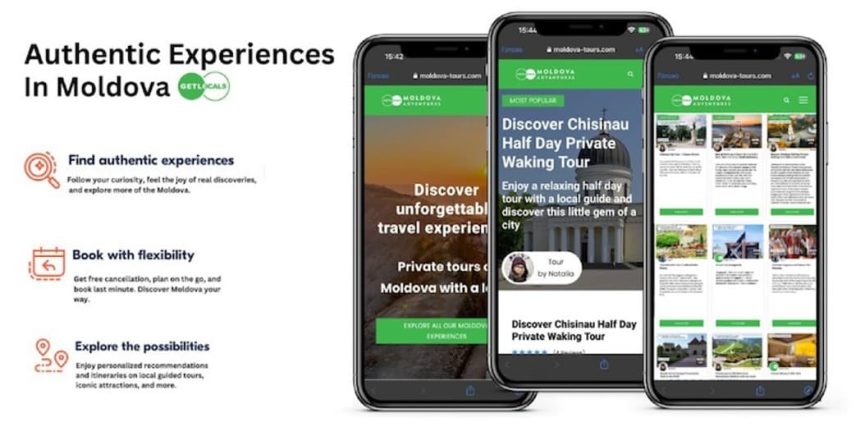 Promotional graphic for travel experiences to discover Moldova, featuring mobile app mockups displaying private tours alongside key service benefits.